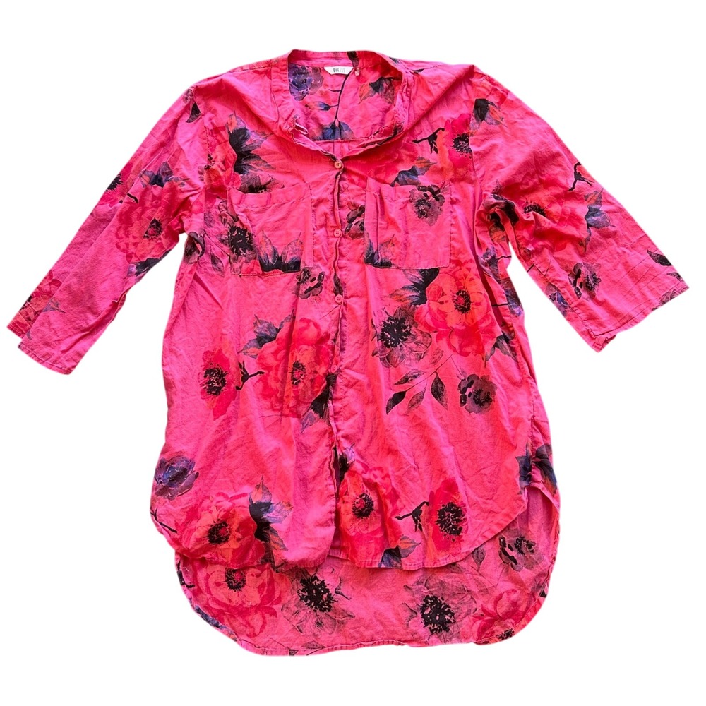 Kaktus Pink Floral Cotton Tunic Top Button Down 3/4 Sleeve High Low‎ Hem Small